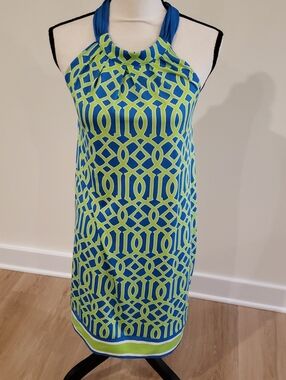 Geometric Blue & Lime Halter Shift Dress Mudpie